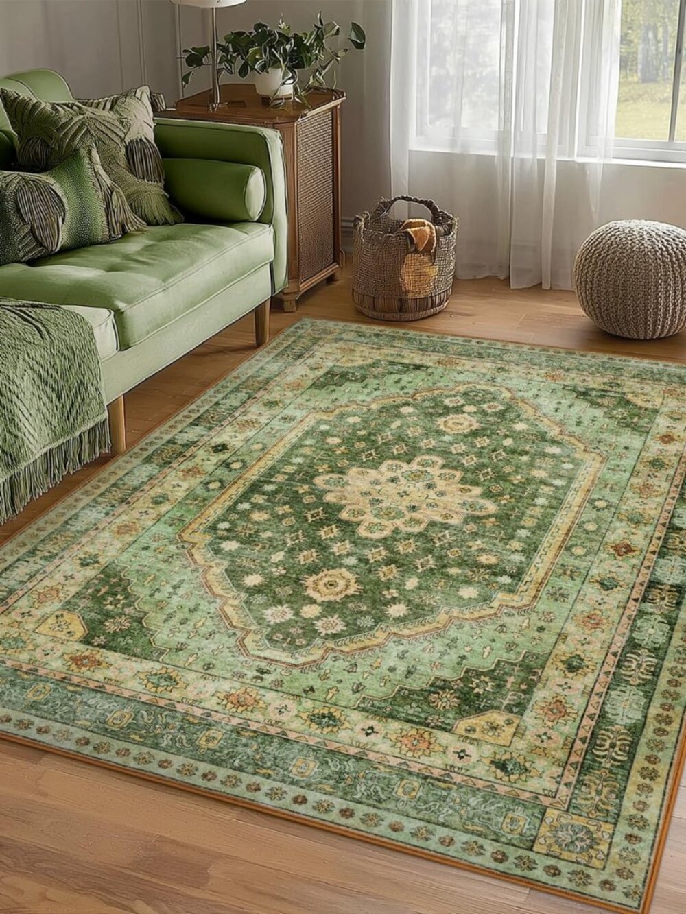 5x7 Machine Washable Boho Area Rug, Non-Slip, Green/Yellow